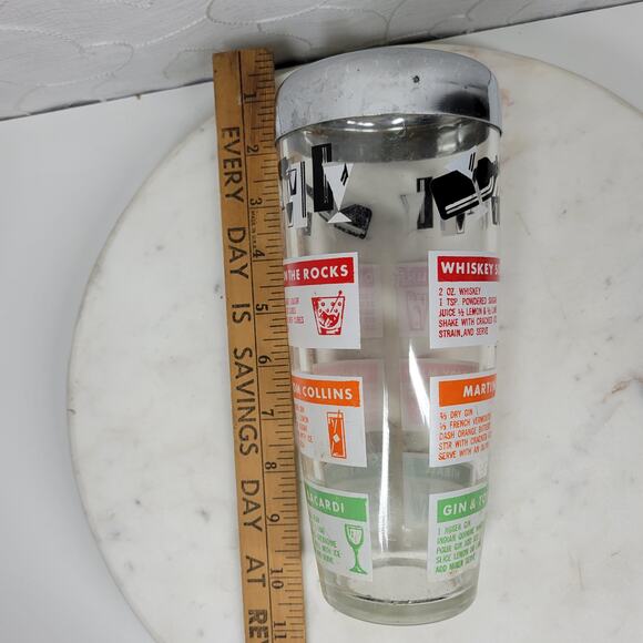 Vintage MCM Glass Cocktail Recipe Shaker 9" Silver Clear Liquor Drink Mixer - Picture 12 of 14